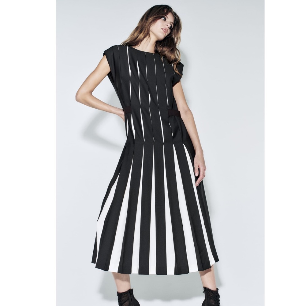 NWOT Zara LIMITED EDITION Wool Blend Midi Box Pleat Pleated Dress Black White M